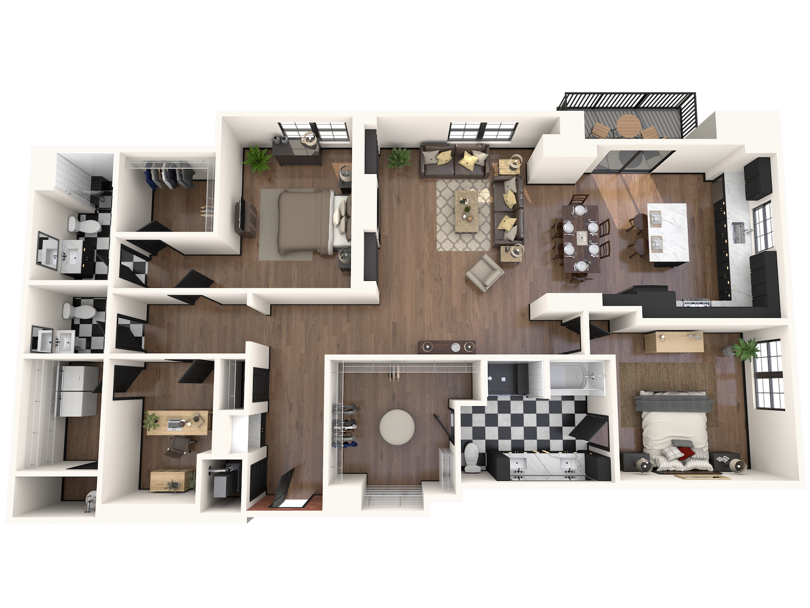 Floor plan for 2 beds, 2.5 baths, 1951 sqft